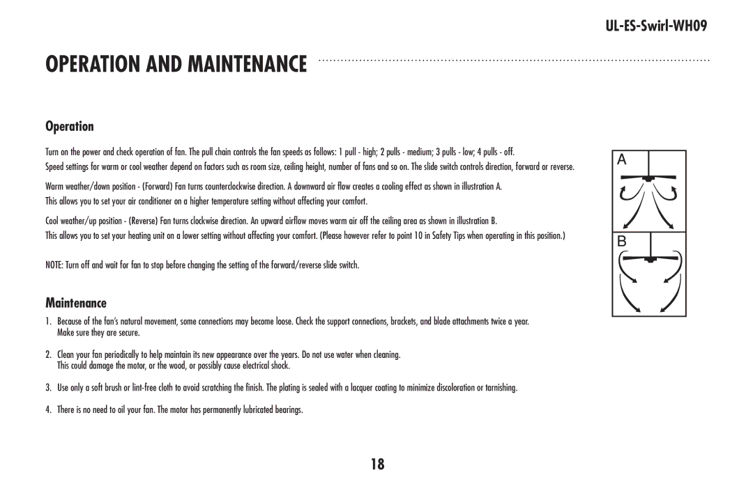 Westinghouse UL-ES-Swirl-WH09 owner manual Operation And Maintenance 